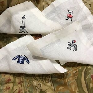 Embroidered White Linen Napkins with Parisian Motifs